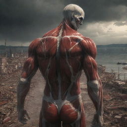 A solitary figure emerging from the nape of the Colossal Titan, tears streaming down their face at the sight of the devastated harbor, expressing sorrow amidst chaos.