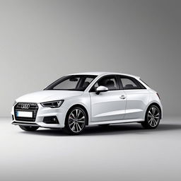 A sleek white Audi A1 parked gracefully in a smooth gray background, showcasing its modern design and elegant lines