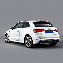 A sleek white Audi A1 parked gracefully in a smooth gray background, showcasing its modern design and elegant lines