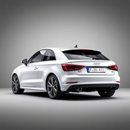 A sleek white Audi A1 parked gracefully in a smooth gray background, showcasing its modern design and elegant lines