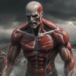 A solitary figure emerging from the nape of the Colossal Titan, tears streaming down their face at the sight of the devastated harbor, expressing sorrow amidst chaos.