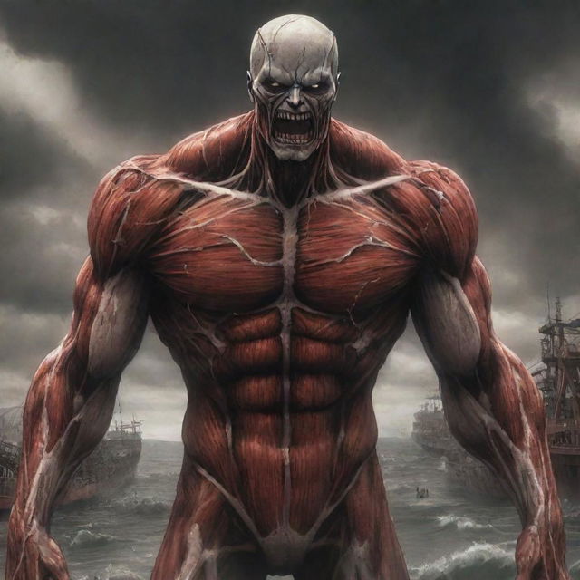 A solitary figure emerging from the nape of the Colossal Titan, tears streaming down their face at the sight of the devastated harbor, expressing sorrow amidst chaos.