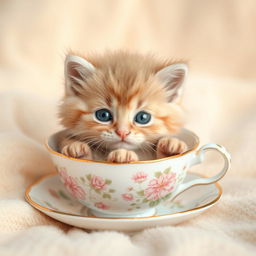 A heartwarming and adorable raw photograph of a cute, fluffy kitten nestled comfortably inside a delicate teacup