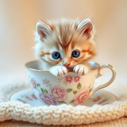 A heartwarming and adorable raw photograph of a cute, fluffy kitten nestled comfortably inside a delicate teacup