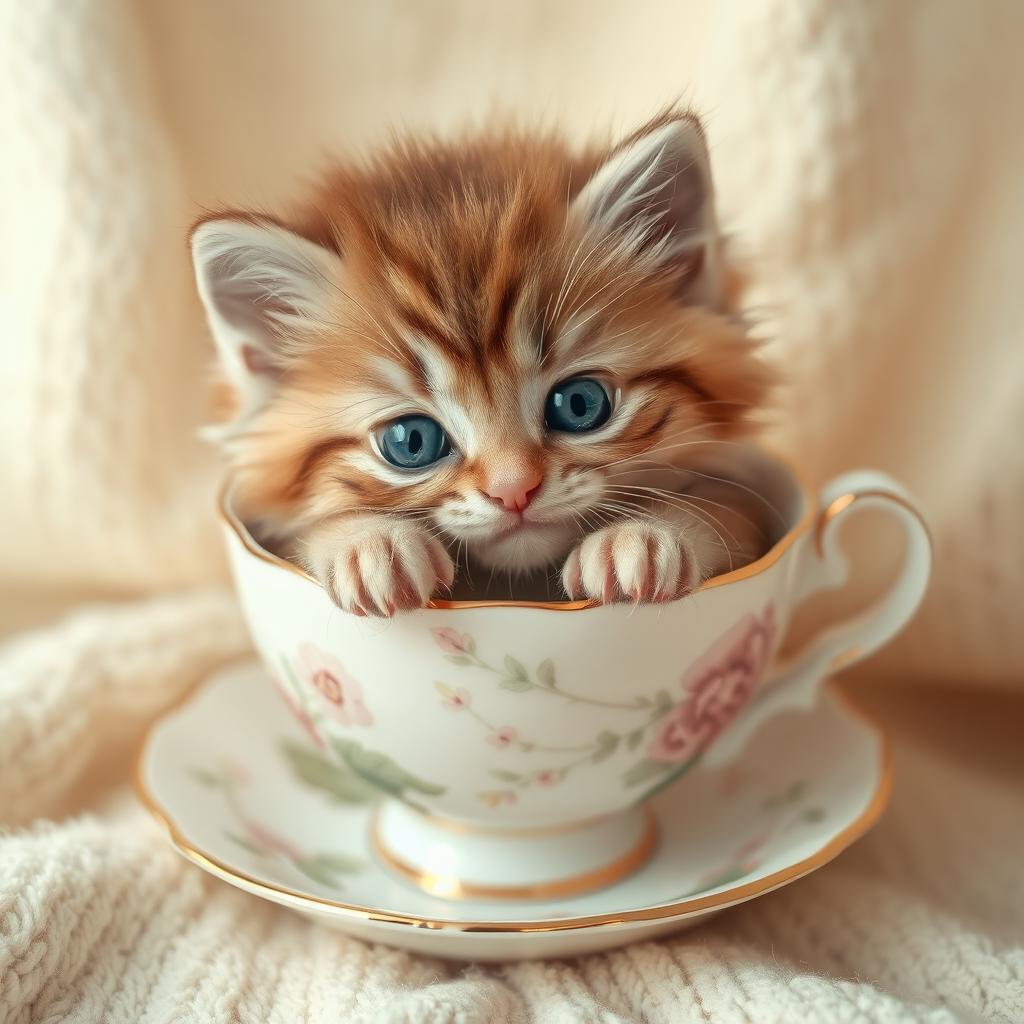 A heartwarming and adorable raw photograph of a cute, fluffy kitten nestled comfortably inside a delicate teacup