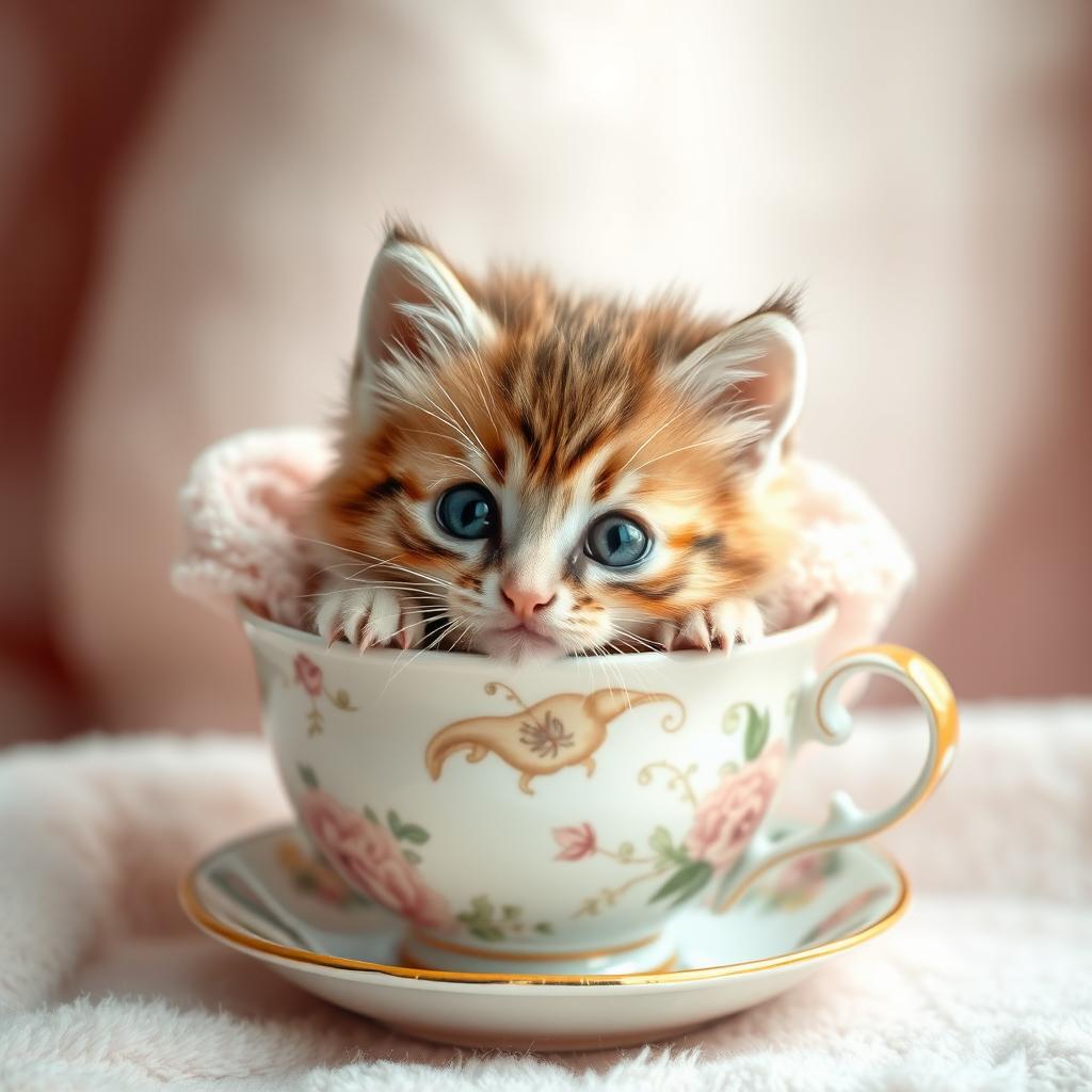 A heartwarming and adorable raw photograph of a cute, fluffy kitten nestled comfortably inside a delicate teacup