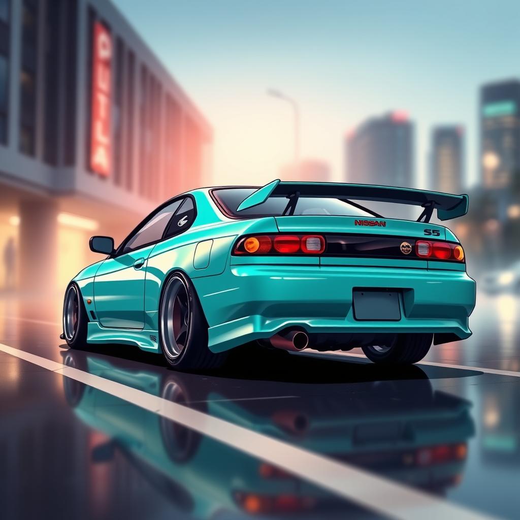 A Nissan Silvia S15 depicted in a rear perspective view, showcasing an exaggerated camber on the wheels for a stylized effect