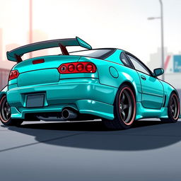 A Nissan Silvia S15 depicted in a rear perspective view, showcasing an exaggerated camber on the wheels for a stylized effect