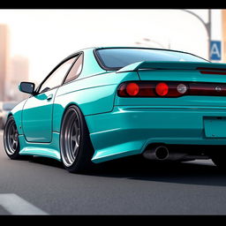 A Nissan Silvia S15 depicted in a rear perspective view, showcasing an exaggerated camber on the wheels for a stylized effect