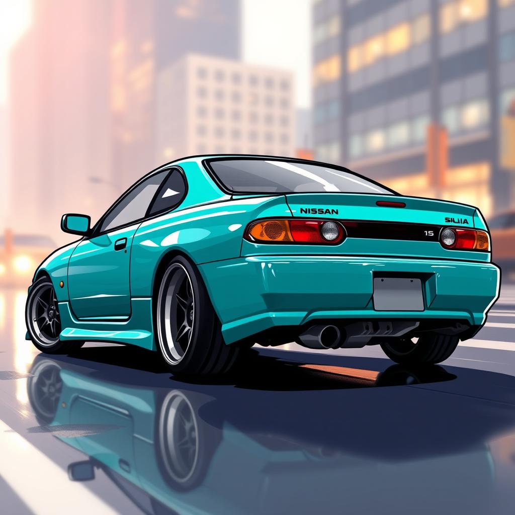 A Nissan Silvia S15 depicted in a rear perspective view, showcasing an exaggerated camber on the wheels for a stylized effect