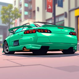 A Nissan Silvia S15 illustrated in a rear perspective view, showcasing an exaggerated camber on the wheels, giving it a unique and stylized appearance