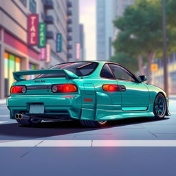 A Nissan Silvia S15 illustrated in a rear perspective view, showcasing an exaggerated camber on the wheels, giving it a unique and stylized appearance