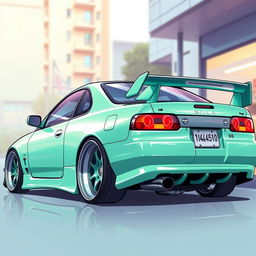 A Nissan Silvia S15 illustrated in a rear perspective view, showcasing an exaggerated camber on the wheels, giving it a unique and stylized appearance