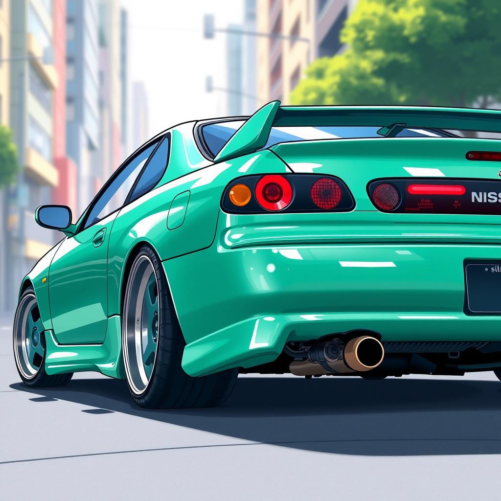 A Nissan Silvia S15 illustrated in a rear perspective view, showcasing an exaggerated camber on the wheels, giving it a unique and stylized appearance