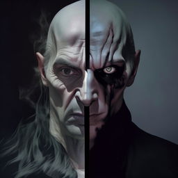 A portrait of Voldemort, the infamous wizard, where one half of his face appears to be melting away, revealing a horrifying and unsettling effect.