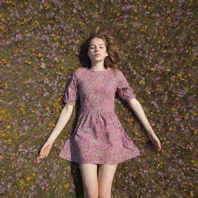 A striking overhead image of a girl peacefully lying amidst an ocean of blossom-laden meadows, her form in harmony with the riot of colors around her.