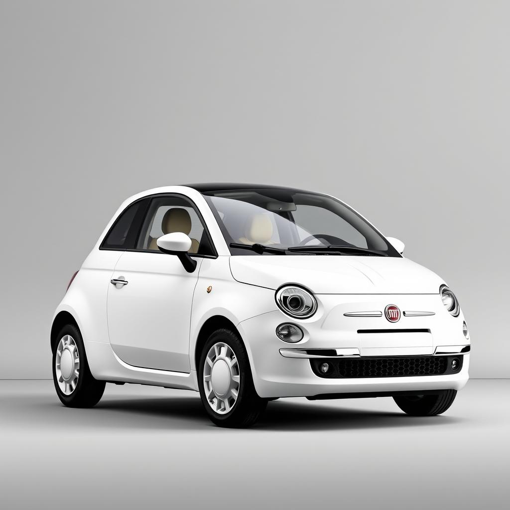 A sleek white Fiat 500 Dolcevita parked gracefully against a smooth, minimalist gray background