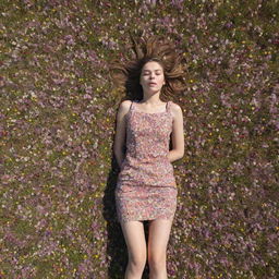 A striking overhead image of a girl peacefully lying amidst an ocean of blossom-laden meadows, her form in harmony with the riot of colors around her.