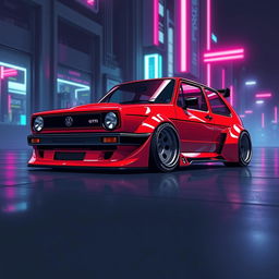 A futuristic version of a Golf MK1 GTI featuring a wide body kit with sleek, aggressive lines