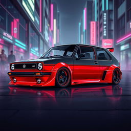 A futuristic version of a Golf MK1 GTI featuring a wide body kit with sleek, aggressive lines