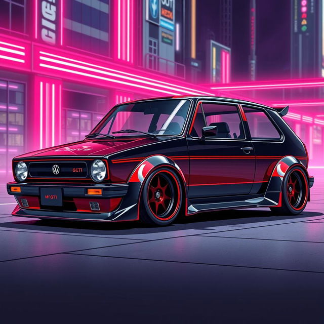 A futuristic version of a Golf MK1 GTI featuring a wide body kit with sleek, aggressive lines