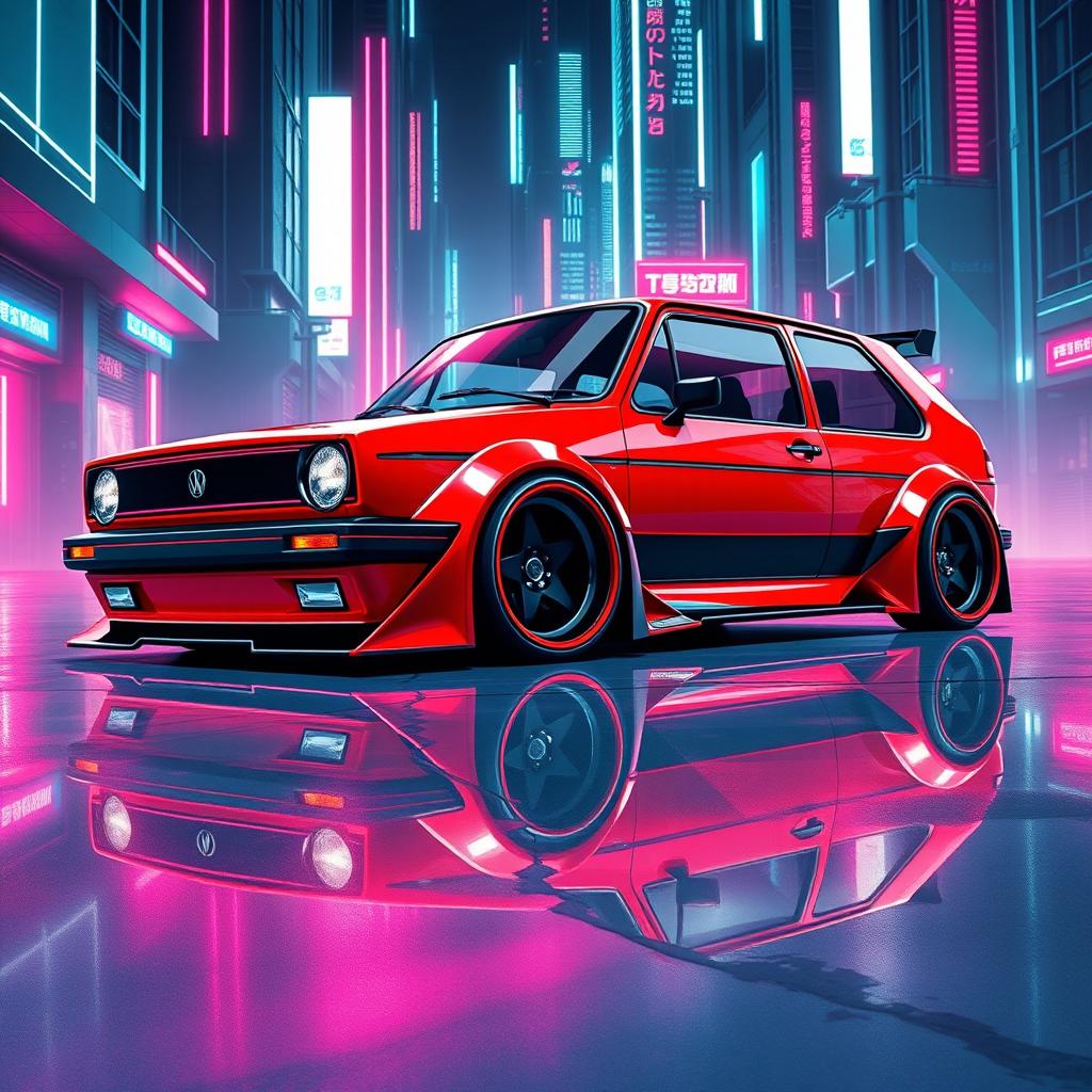 A futuristic version of a Golf MK1 GTI featuring a wide body kit with sleek, aggressive lines