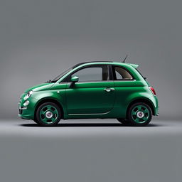 A sleek Fiat 500 Dolcevita in a striking Roared Green color, parked elegantly against a smooth, minimalist gray background