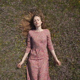 A striking overhead image of a girl peacefully lying amidst an ocean of blossom-laden meadows, her form in harmony with the riot of colors around her.