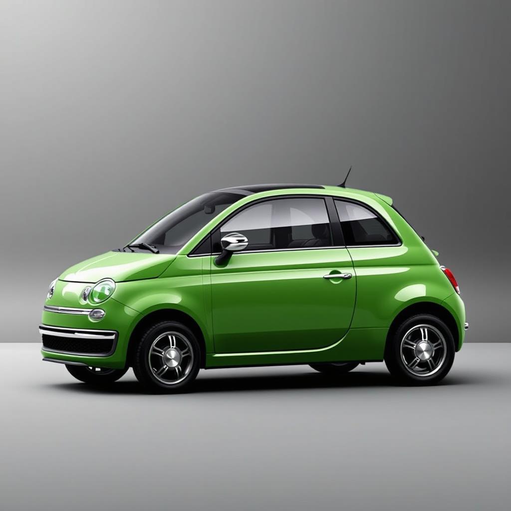 A sleek Fiat 500 Dolcevita in a striking Roared Green color, parked elegantly against a smooth, minimalist gray background