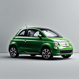 A sleek Fiat 500 Dolcevita in a striking Roared Green color, parked elegantly against a smooth, minimalist gray background