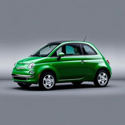 A sleek Fiat 500 Dolcevita in a striking Roared Green color, parked elegantly against a smooth, minimalist gray background