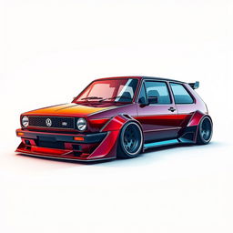 A futuristic interpretation of a Golf Mk1 GTI featuring an exaggerated wide body kit and extreme camber