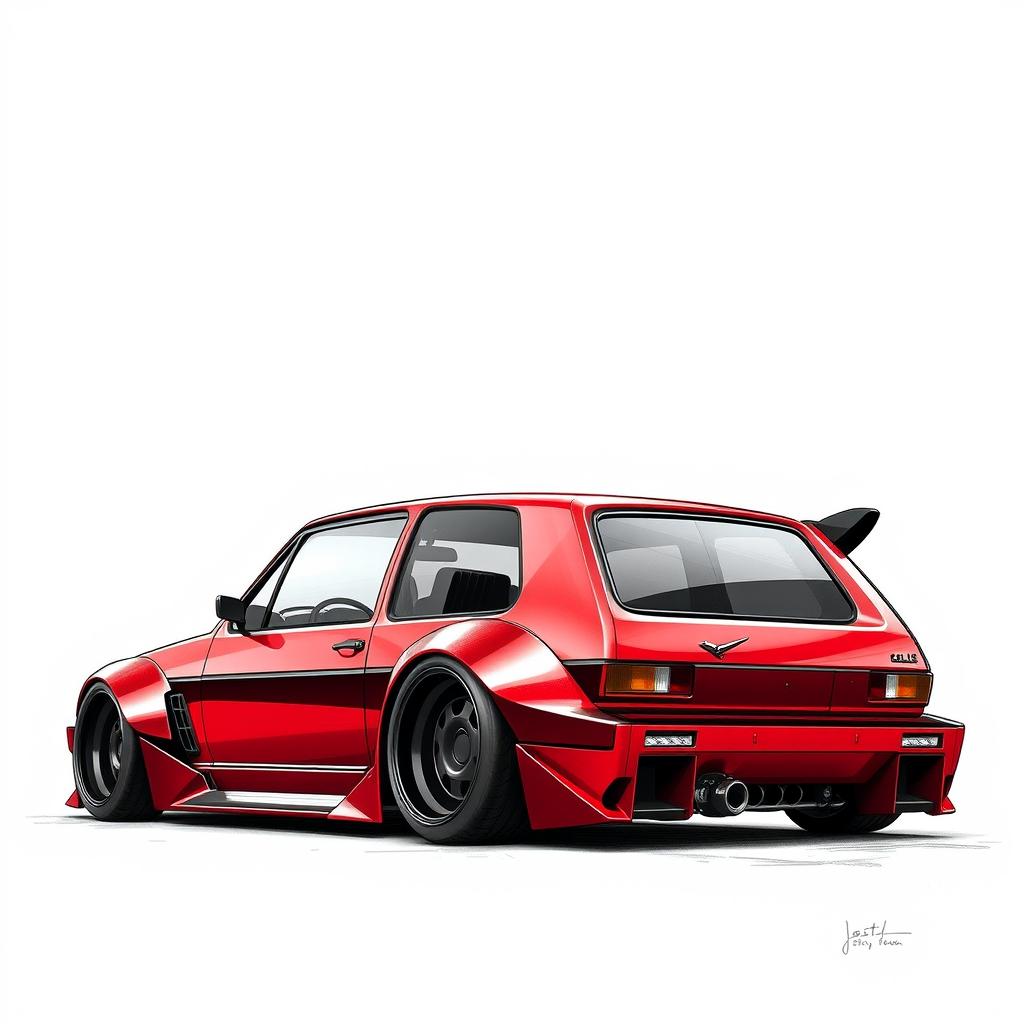 A futuristic interpretation of a Golf Mk1 GTI featuring an exaggerated wide body kit and extreme camber