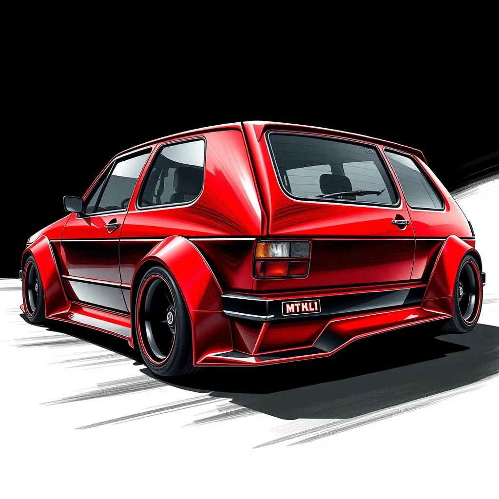 A futuristic interpretation of a Golf Mk1 GTI featuring an exaggerated wide body kit and extreme camber