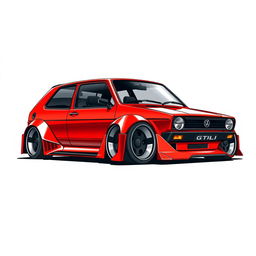 A futuristic rendition of a Golf Mk1 GTI featuring an exaggerated wide body kit and extreme camber