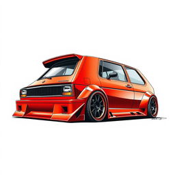 A futuristic rendition of a Golf Mk1 GTI featuring an exaggerated wide body kit and extreme camber