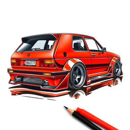 A futuristic rendition of a Golf Mk1 GTI featuring an exaggerated wide body kit and extreme camber