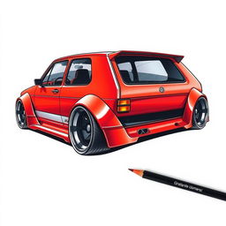 A futuristic rendition of a Golf Mk1 GTI featuring an exaggerated wide body kit and extreme camber