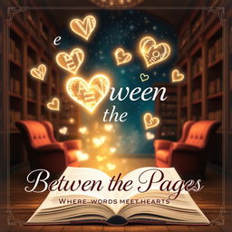 An enchanting book cover design for the story titled 'Between the Pages: Where Words Meet Hearts