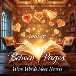 An enchanting book cover design for the story titled 'Between the Pages: Where Words Meet Hearts