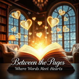 An enchanting book cover design for the story titled 'Between the Pages: Where Words Meet Hearts