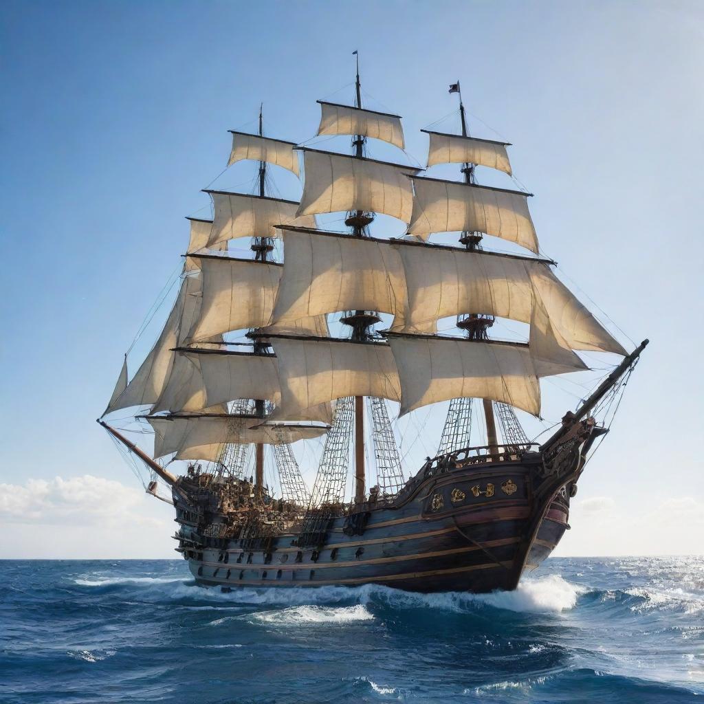 A majestic pirate ship, sails fully hoisted, cutting through the sapphire ocean waves under a sunlit sky