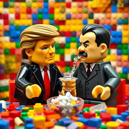 A humorous and surreal scene depicting caricatures of a Donald Trump-like character and a caricature of Adolf Hitler, both constructed from colorful Lego bricks