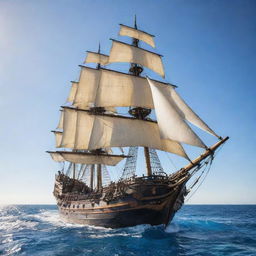 A majestic pirate ship, sails fully hoisted, cutting through the sapphire ocean waves under a sunlit sky