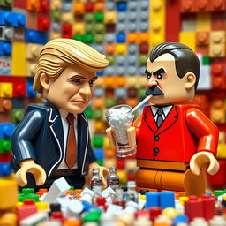 A humorous and surreal scene depicting caricatures of a Donald Trump-like character and a caricature of Adolf Hitler, both constructed from colorful Lego bricks