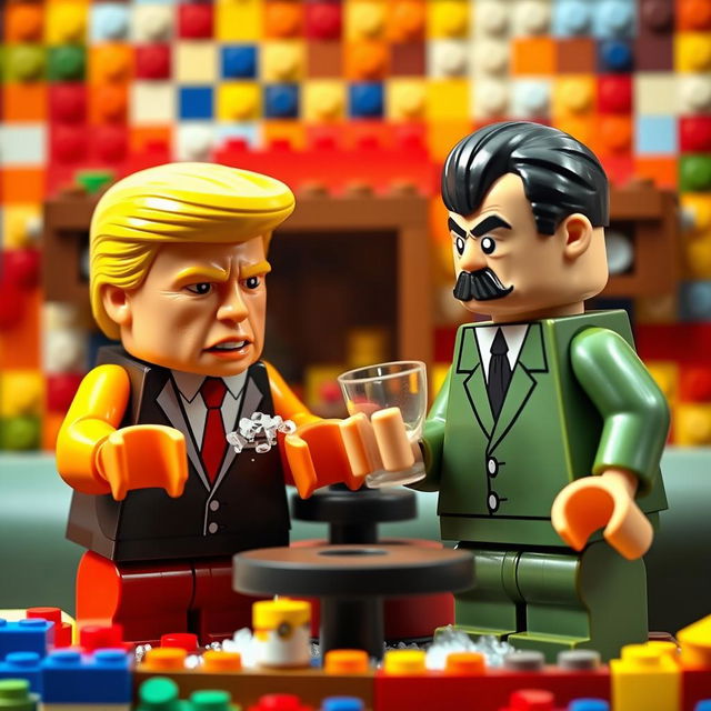 A humorous and surreal scene depicting caricatures of a Donald Trump-like character and a caricature of Adolf Hitler, both constructed from colorful Lego bricks