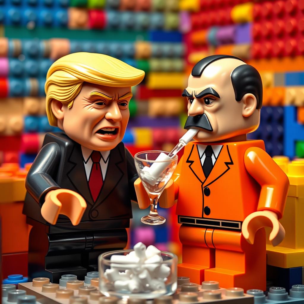 A humorous and surreal scene depicting caricatures of a Donald Trump-like character and a caricature of Adolf Hitler, both constructed from colorful Lego bricks