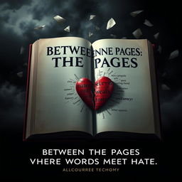 A striking book cover design for the story titled 'Between the Pages: Where Words Meet Hate