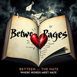 A striking book cover design for the story titled 'Between the Pages: Where Words Meet Hate