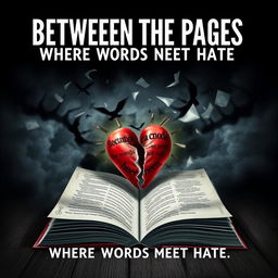 A striking book cover design for the story titled 'Between the Pages: Where Words Meet Hate